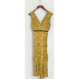 Lulus XS Cascading Yellow Floral Print Spring Cottagecore  Maxi Tiered  Dress. K